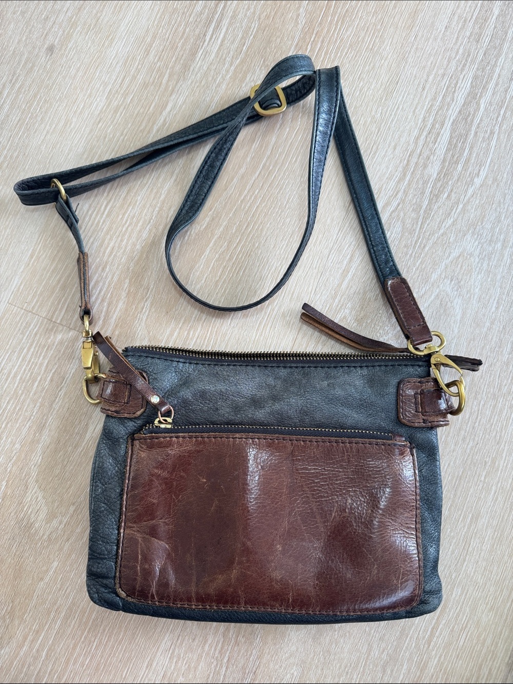 Two-Tone Leather Crossbody Bag in Charcoal & Brown